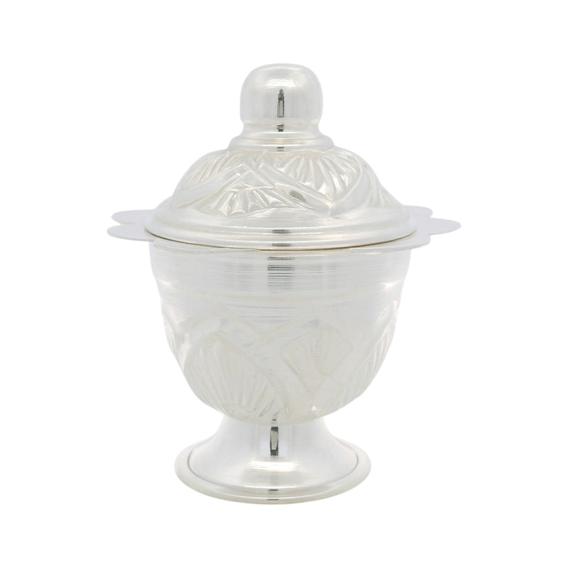 Regal Jewels silver pot with lid RJSPI0130 – handcrafted pure silver lota with matching engraved lid, elegant floral design, ideal for pooja rituals, temple use, and gifting.