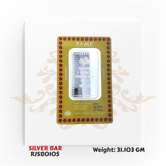 PAMP Suisse 1 oz 999 fine silver bar with certificate in gold packaging – Regal Jewels Chicago RJSB0105