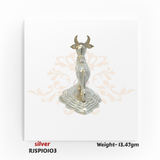 Handmade silver bull figurine designed with sacred detailing, ideal for worship, religious ceremonies, and home mandir use – RJSPI0103.