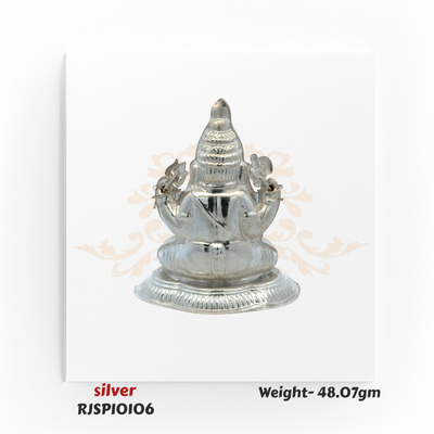 Heavy silver Ganpati murti designed with intricate detailing, ideal for pooja ceremonies, mandir decor, and auspicious gifting – model RJSPI0106.