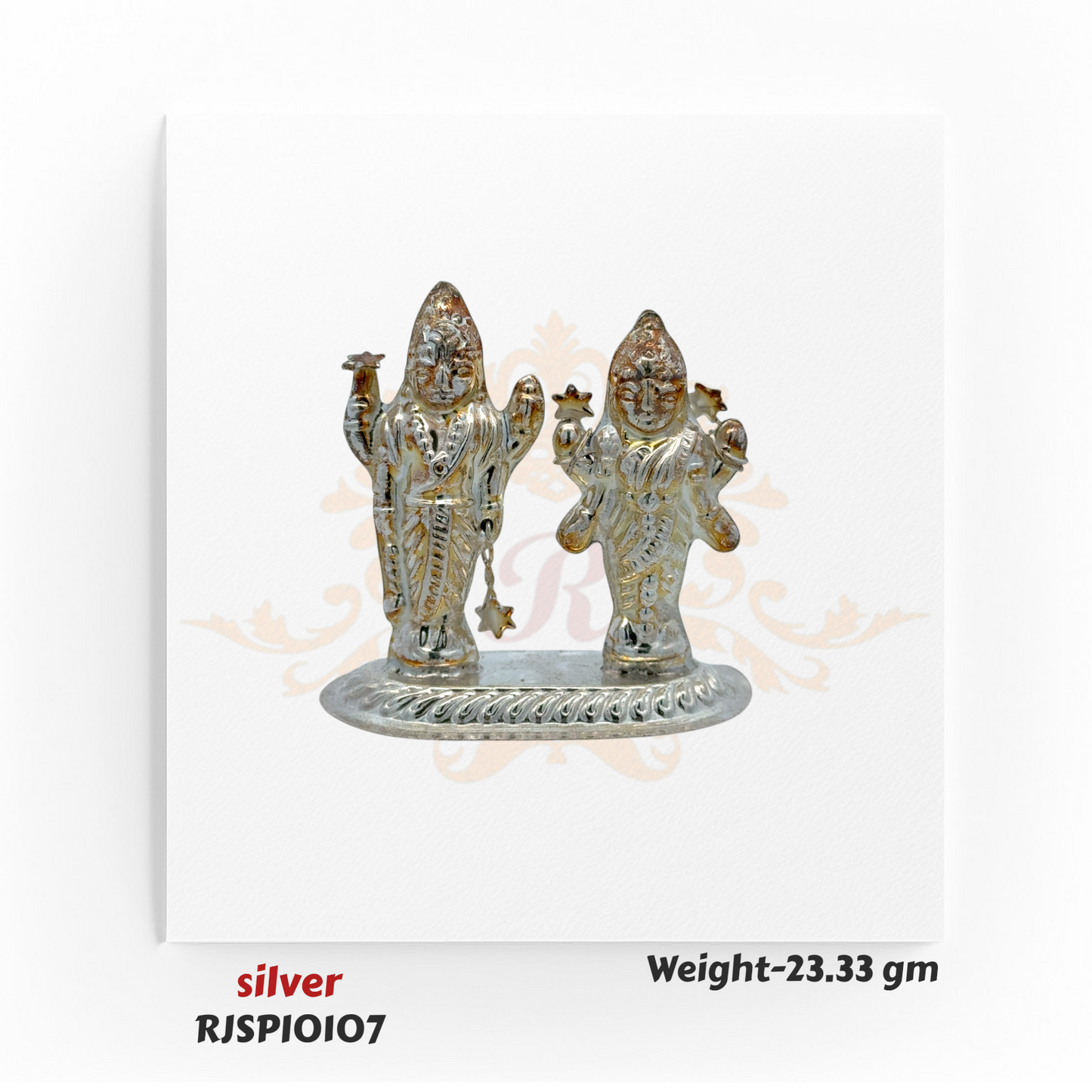 Pair of handcrafted silver deity idols weighing 23.33 gm, designed for pooja rituals, mandir decoration, and gifting during festivals.