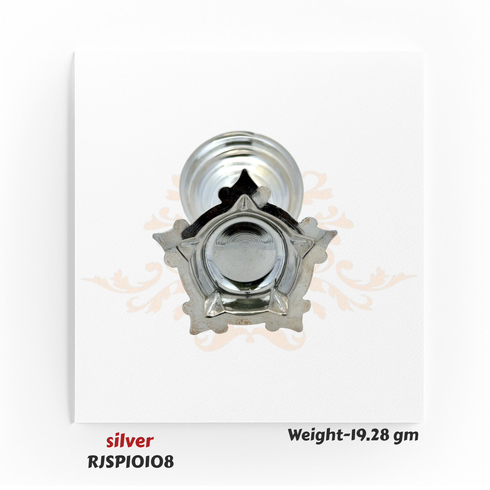 Handmade silver oil lamp with fine detailing, perfect for pooja ceremonies, wedding rituals, and traditional home worship – RJSPI0108.