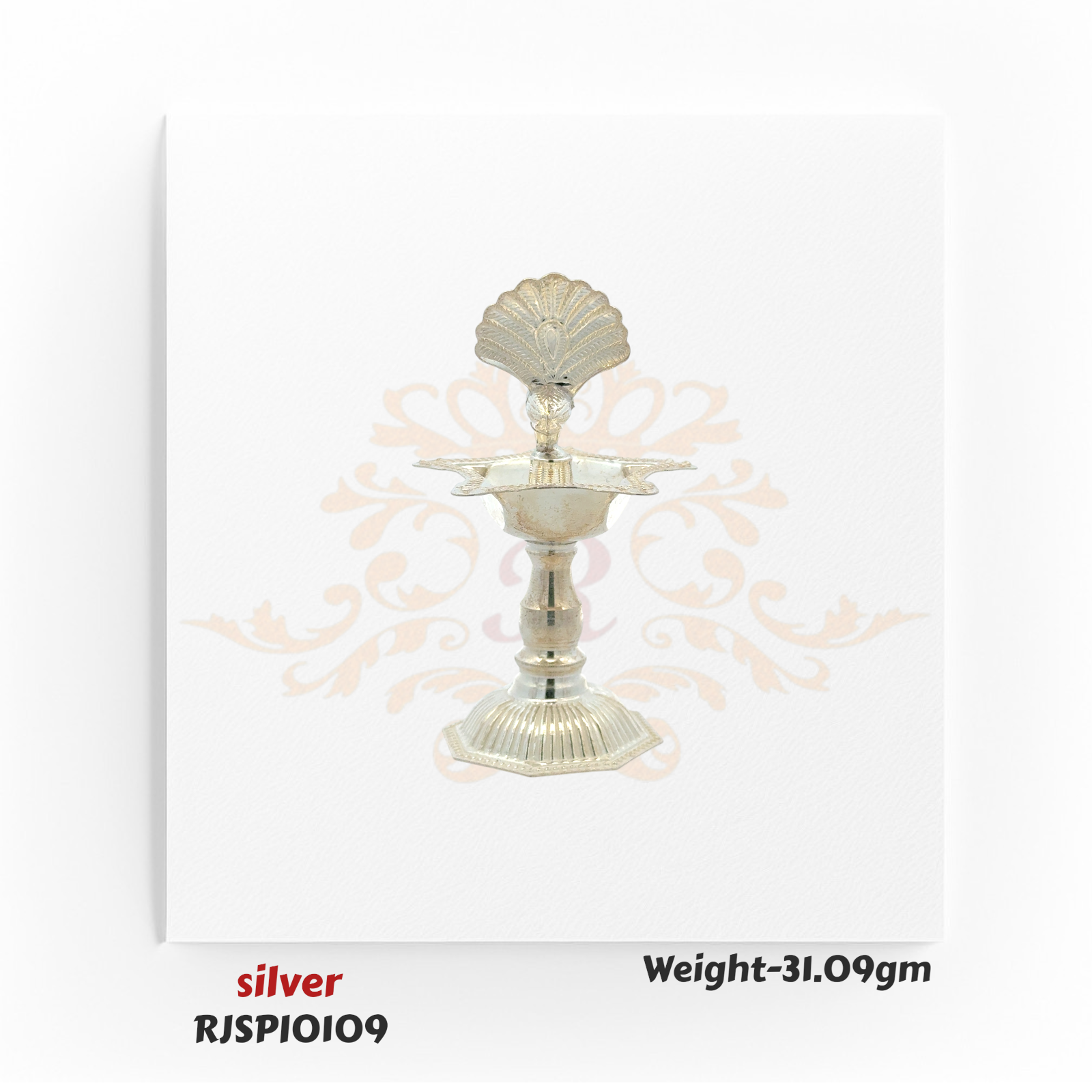 Handcrafted silver deepam with classic design, perfect for home temples, spiritual rituals, and auspicious occasions – model RJSPI0109.