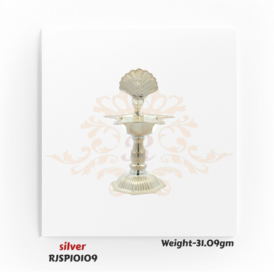 Handcrafted silver deepam with classic design, perfect for home temples, spiritual rituals, and auspicious occasions – model RJSPI0109.