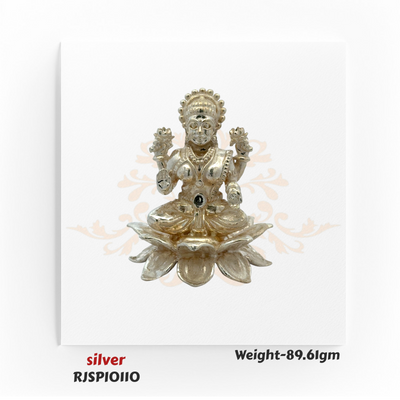 Pure silver Goddess Lakshmi idol RJSPI0110, weighing 89.61 gm, seated on lotus, perfect for pooja rituals, mandir decor, and festive worship.