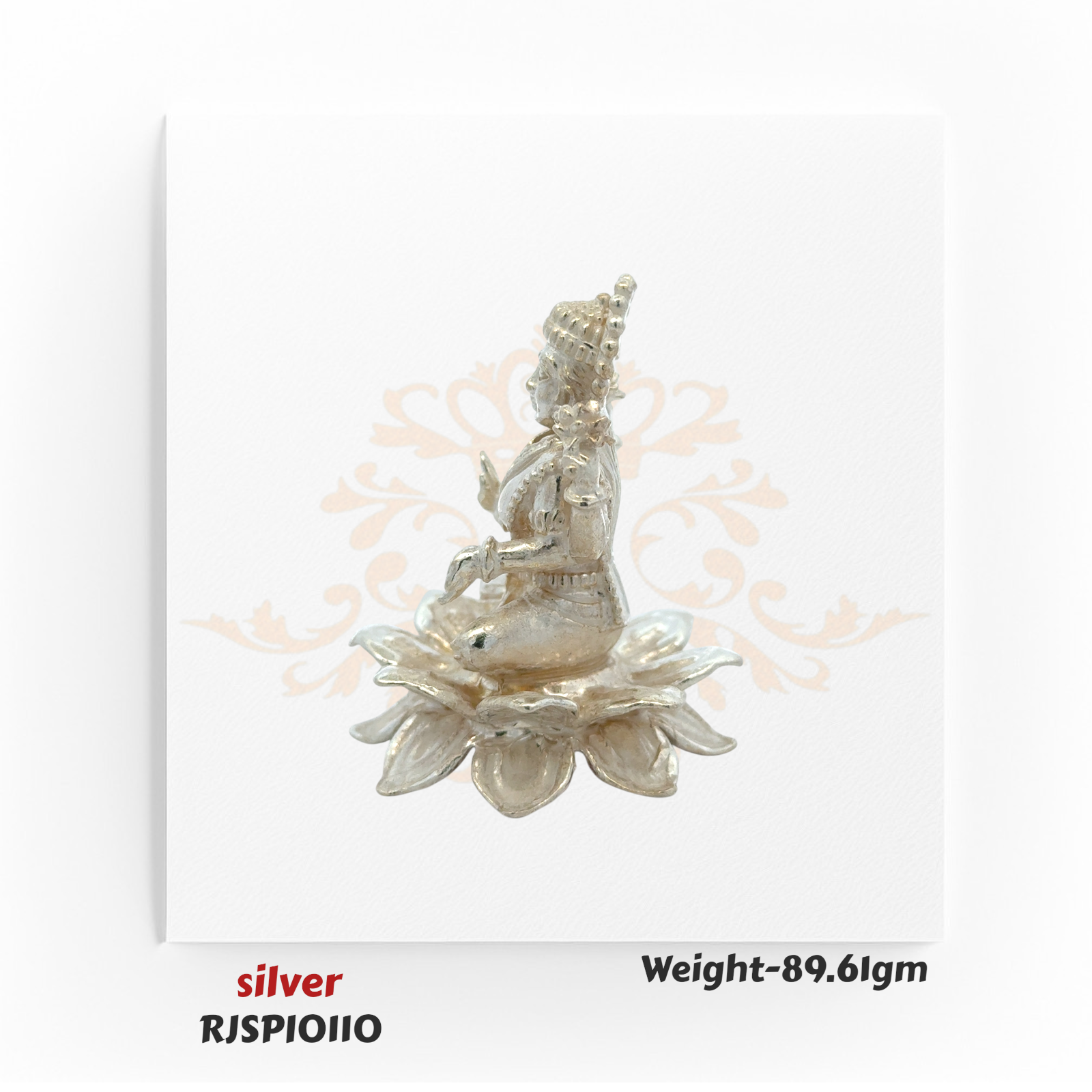 Heavy silver Goddess idol RJSPI0110 with lotus design, sacred spiritual murti for home temple, religious ceremonies, and traditional gifting.