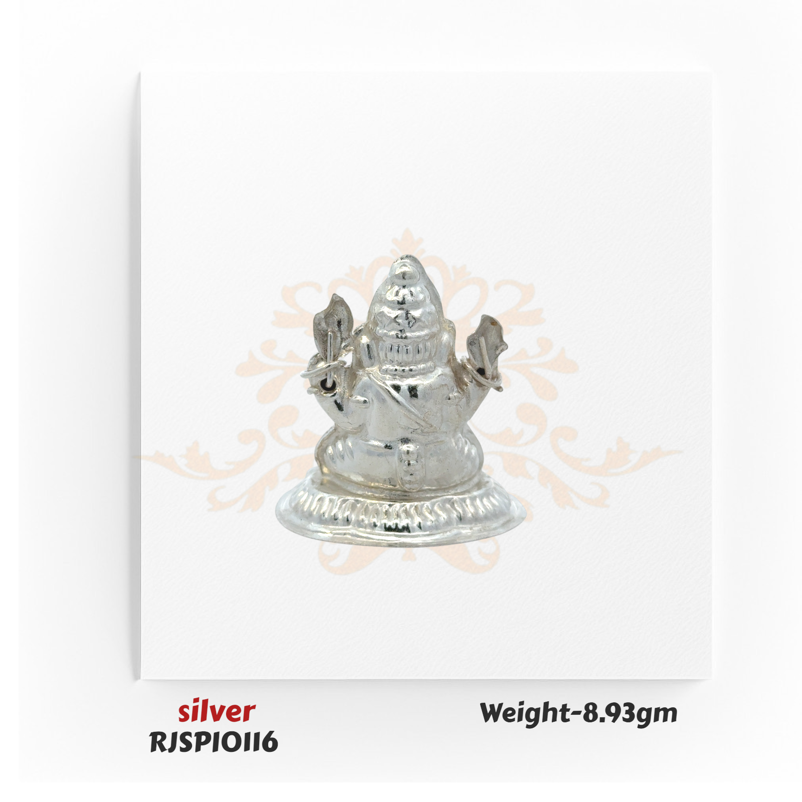 Compact silver Ganesha idol RJSPI0116, weighing 8.93 gm, handcrafted for home mandir, car dashboard, and daily pooja rituals.