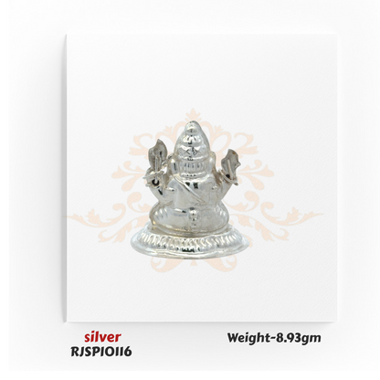 Compact silver Ganesha idol RJSPI0116, weighing 8.93 gm, handcrafted for home mandir, car dashboard, and daily pooja rituals.