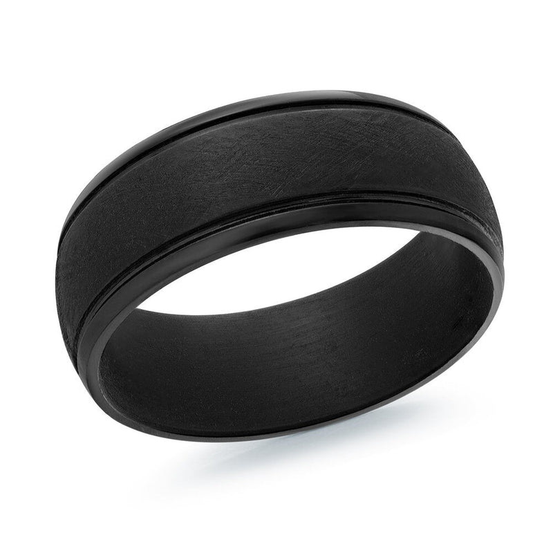 MALO matte black tungsten men’s ring with grooved edges, classic band design and comfort fit interior (TANT-022)