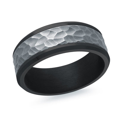 MALO tungsten men’s ring with hammered silver center and matte black edges, comfort fit wedding band (TANT-028)