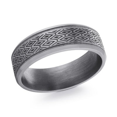 MALO tungsten men’s ring with engraved diamond pattern and milgrain edge detail, comfort fit wedding band (TANT-030)