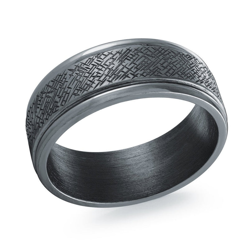 MALO tantalum premium fit band with abstract crosshatch texture finish modern men’s ring in dark grey TANT-037