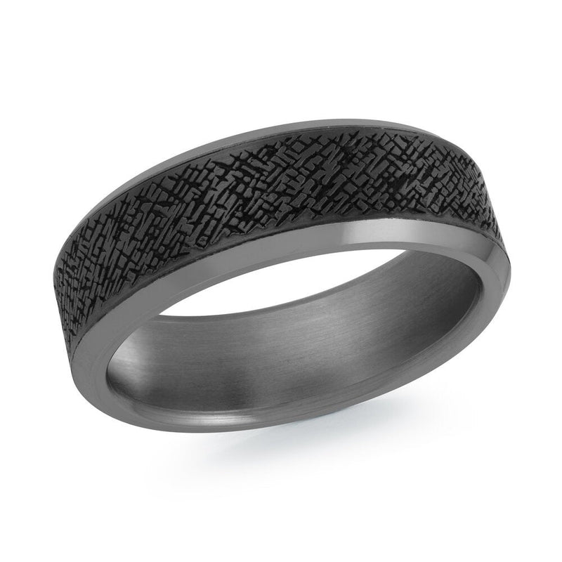 MALO tantalum premium fit band with black crosshatch texture inlay modern men’s ring in grey and black TANT-038