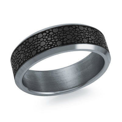 MALO tantalum premium fit band with black pebble texture inlay matte finish men’s ring TANT-039