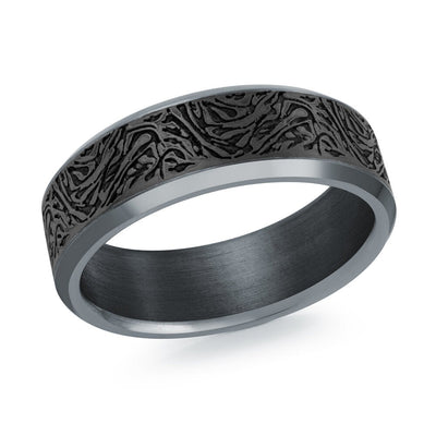 MALO tantalum premium fit band with black abstract engraved texture center matte finish men’s ring TANT-040