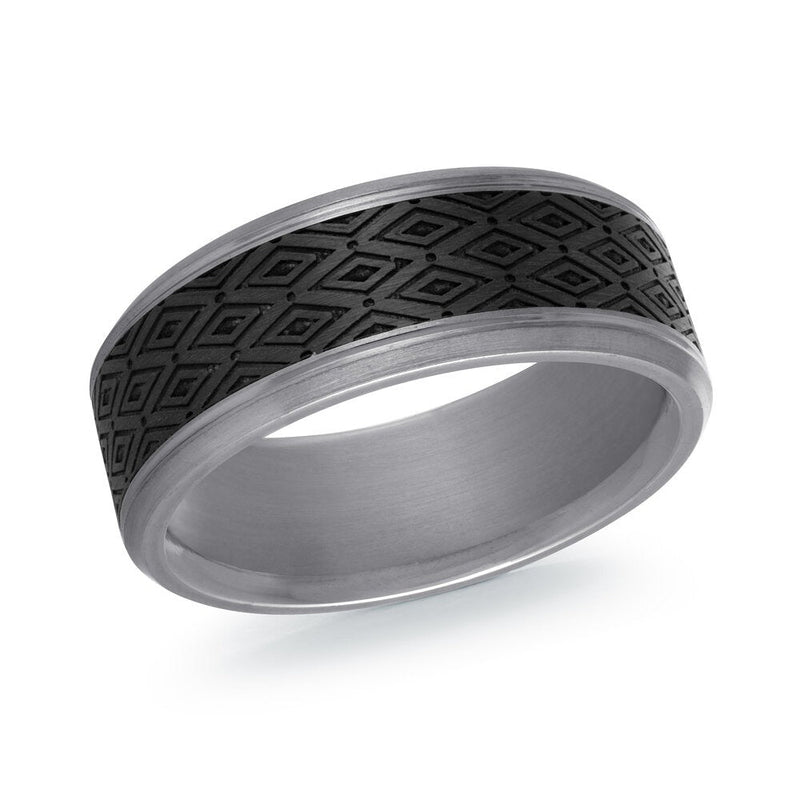 MALO tantalum premium fit band with black diamond pattern center and satin grey edges men’s ring TANT-045