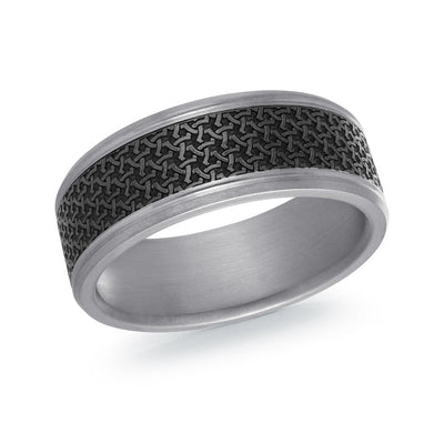 MALO tantalum premium fit band with black interwoven pattern center and satin grey edges men’s ring TANT-046