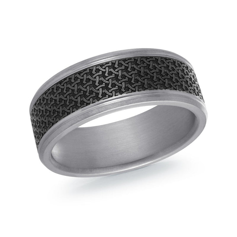 MALO tantalum premium fit band with black interwoven pattern center and satin grey edges men’s ring TANT-046