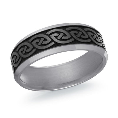 MALO tantalum premium fit band with black Celtic knot engraved center and satin grey edges men’s ring TANT-048