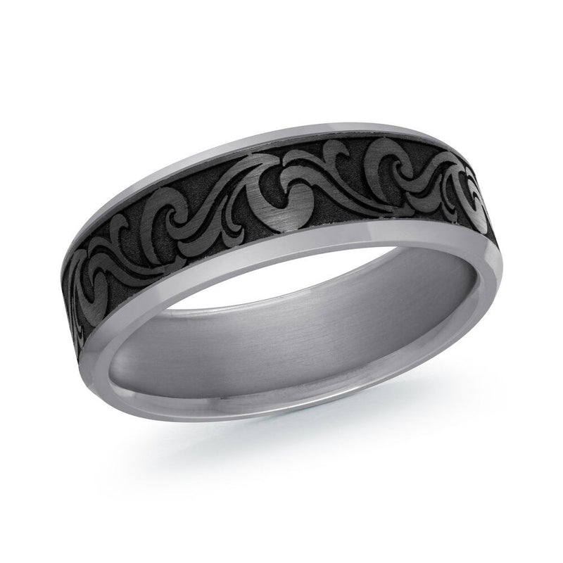 MALO tantalum premium fit band with black scroll engraved center and satin grey edges men’s ring TANT-049