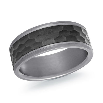 MALO tantalum premium fit band with hammered black center and satin grey edges modern men’s ring TANT-050
