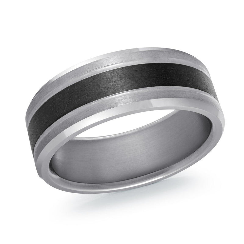 MALO tantalum premium fit band with brushed black center stripe and polished edges modern men’s ring TANT-051