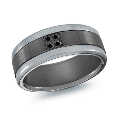 MALO tantalum premium fit band with brushed center and black diamond cluster accent polished edges modern ring TANT-054