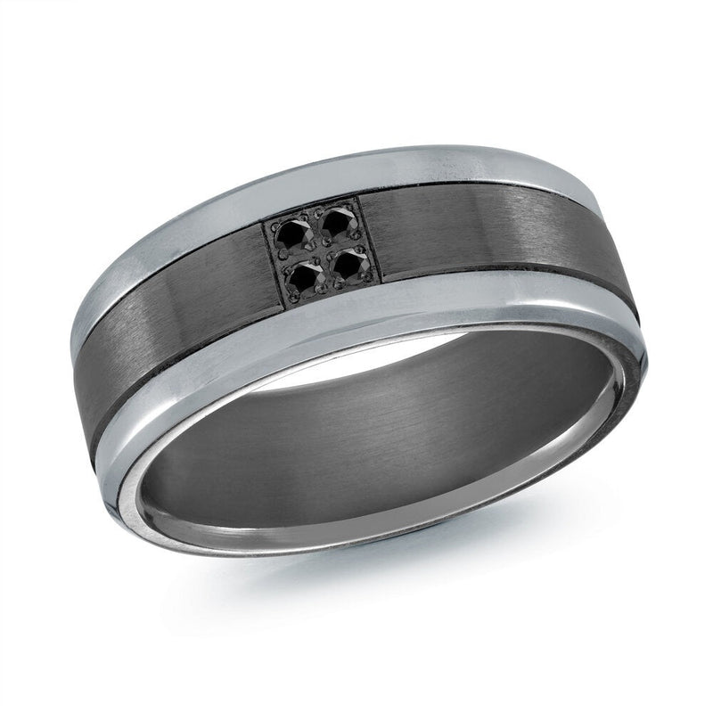MALO tantalum premium fit band with brushed center and black diamond cluster accent polished edges modern ring TANT-054