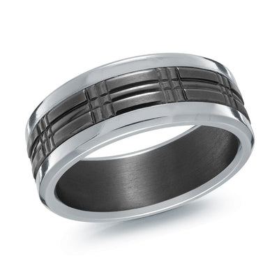 MALO tantalum premium fit two-tone band with polished edges and cross-line grooved center design men’s ring TANT-058