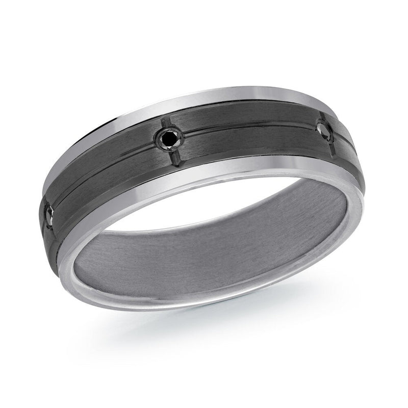 MALO tantalum premium fit band with polished edges and black diamond accents modern men’s wedding ring TANT-067
