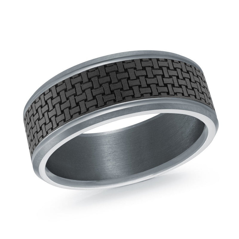 MALO tantalum premium fit band black woven basket texture center brushed grey finish modern men’s wedding ring TANT-070