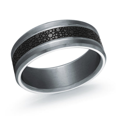 MALO tantalum premium fit band black pebble texture center brushed grey finish modern men’s wedding ring TANT-071