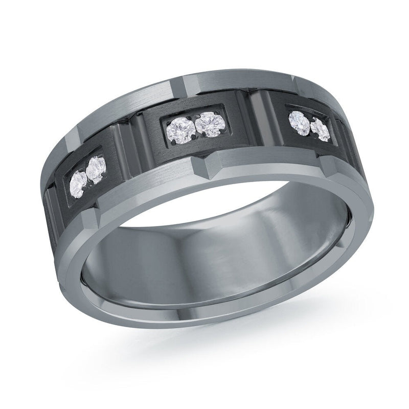 MALO tantalum premium fit band geometric groove design diamond accents modern men’s wedding ring TANT-100