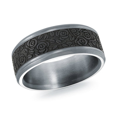 MALO tantalum premium fit band black floral engraved inlay brushed finish modern men’s wedding ring TANT-105