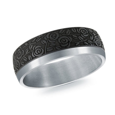 MALO tantalum premium fit band black floral engraved center satin edge finish modern men’s wedding ring TANT-106