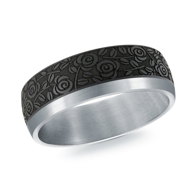MALO tantalum premium fit band black floral engraved center satin edge finish modern men’s wedding ring TANT-106