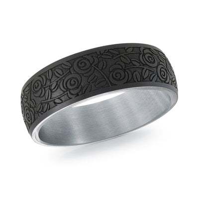 MALO tantalum premium fit band black floral engraved rose vine pattern matte finish modern wedding ring TANT-107