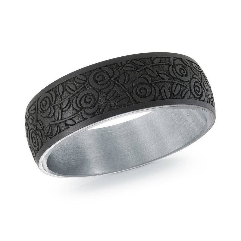 MALO tantalum premium fit band black floral engraved rose vine pattern matte finish modern wedding ring TANT-107