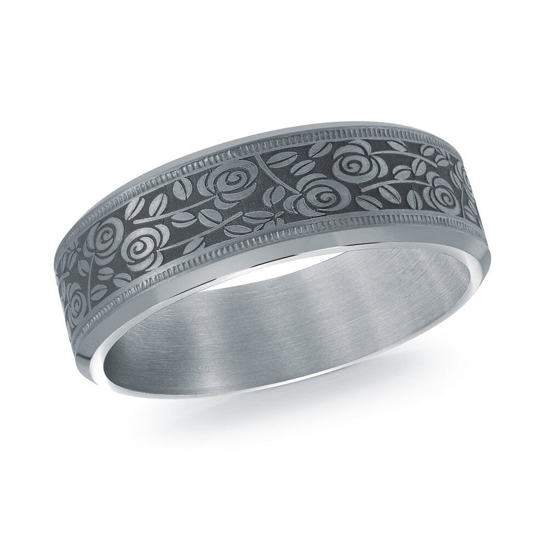 MALO tantalum premium fit band floral vine engraving milgrain edges matte finish modern wedding ring TANT-108