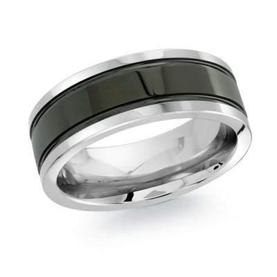 MALO tungsten ring black high-polish center inlay double groove silver edges comfort fit modern wedding band TG-001