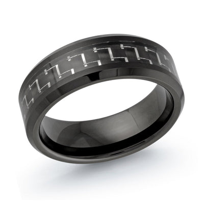 MALO tungsten ring black with carbon fiber inlay link pattern comfort fit modern wedding band TG-014