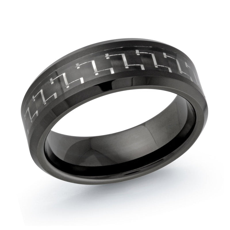 MALO tungsten ring black with carbon fiber inlay link pattern comfort fit modern wedding band TG-014