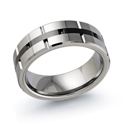 MALO tungsten ring silver with black inlay geometric block pattern high polish comfort fit wedding band TG-015
