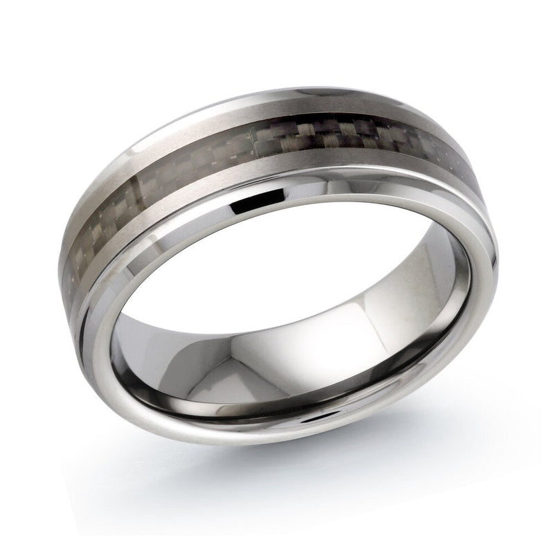 MALO tungsten ring silver with carbon fiber inlay brushed center high polish comfort fit wedding band TG-016