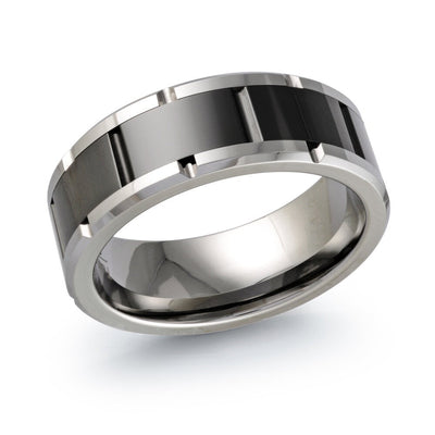 MALO tungsten ring silver and black inlay grooved design high polish comfort fit wedding band TG-017