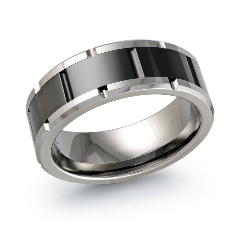 MALO tungsten ring silver and black inlay grooved design high polish comfort fit wedding band TG-017