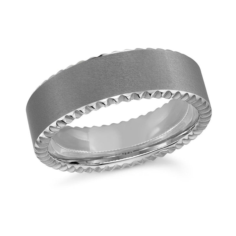 MALO tungsten ring matte silver brushed band with rope edge detail comfort fit modern wedding band TG-036