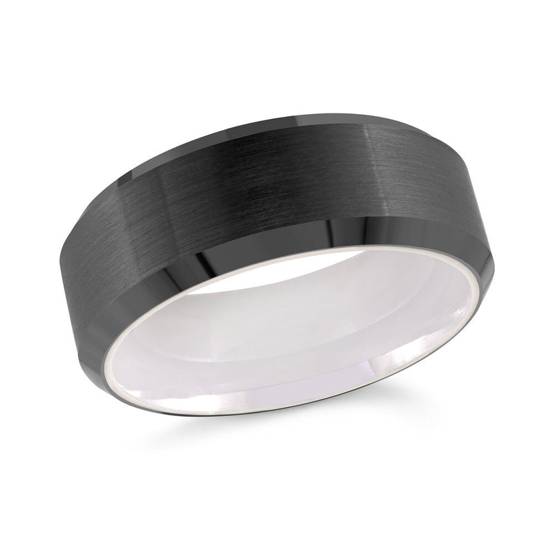 MALO tungsten ring brushed black center with polished edges and white interior comfort fit modern wedding ring TG-039