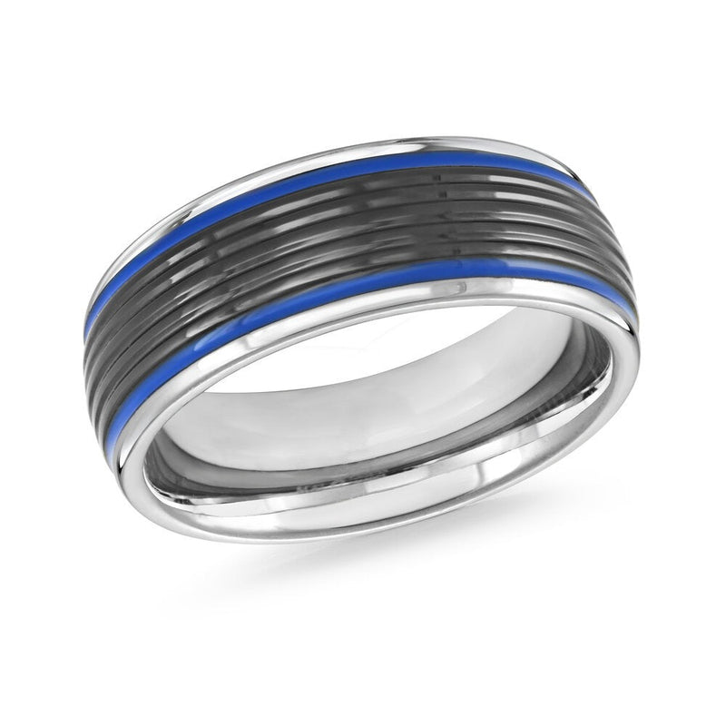 MALO tungsten ring polished silver band with blue groove accents and textured center comfort fit modern wedding ring TG-052