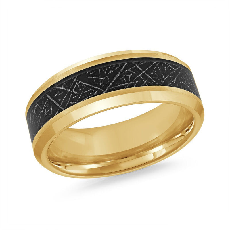 MALO two-tone yellow gold tungsten ring with black textured center comfort fit band TG-053 modern wedding ring